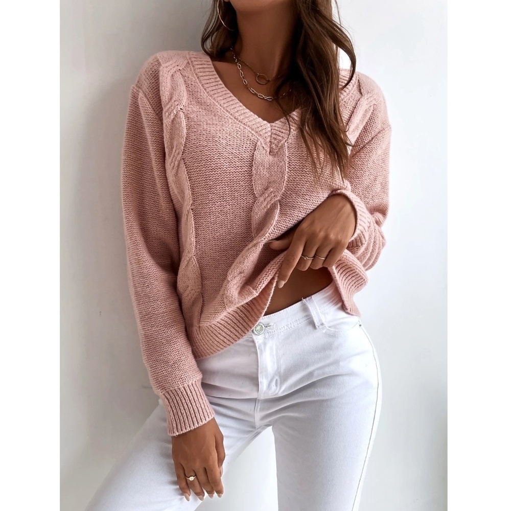 Pink Knit Braid Textured V-Neck Pullover Sweater